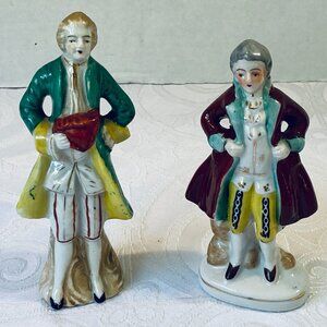 (2)VNTG OCCUPIED JAPAN COLONIAL MEN PORCELAIN FIGURINES HAND-PAINTED GOLD GILTED